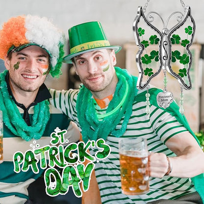KY&BOSAM Shamrock Butterfly Suncatcher Precious Mom Gifts Irish Celtic for Window Hanging Wind Chime Real Flower Wings with Metal Charm Gifts for Women St Patrick's Mothers Day Birthday Christmas
