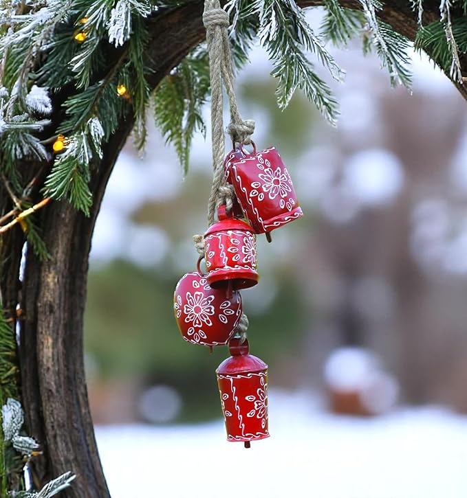 Cow Bell Wind Chime 25” Long- 5 Rustic Jingle Bells for Christmas Decor, Garden, Door Knob, Porch, Farmhouse, Meditation, Boho Hanging Bells, Metal Vintage Chime for Outdoor & Indoor (Red)
