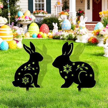 2 Pcs Easter Bunny Yard Signs Iron Rabbit Silhouette Decoration Black Metal Rabbit Yard Art for Outdoor Lawn Garden Spring Decor