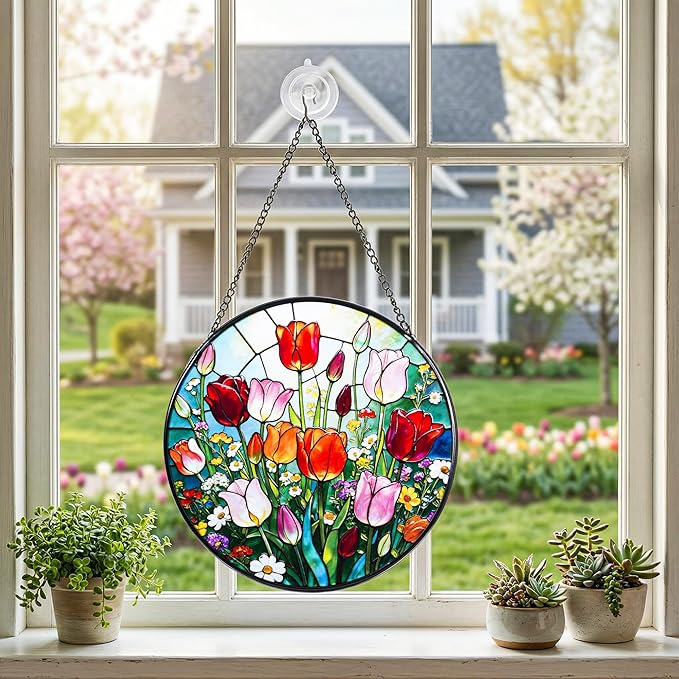 Stained Glass Window Hanging, Colorful Tulips Suncatcher 7.8 in Sun Catcher Glass Panel Boho Wall Art Decor with Chain Diamond Glass Panel Hangings Scenery Sun Catchers Decor for Lover Couple Mom