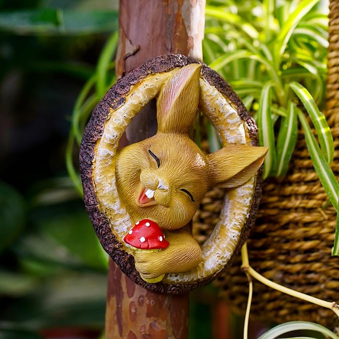 Garden Bunny Sculpture, Decorative Smiling Rabbit Tree Log Statue with Mushroom, Indoor Outdoor Resin Art Decor