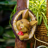 Garden Bunny Sculpture, Decorative Smiling Rabbit Tree Log Statue with Mushroom, Indoor Outdoor Resin Art Decor