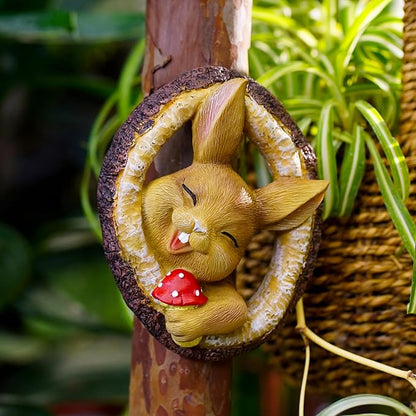 Garden Bunny Sculpture, Decorative Smiling Rabbit Tree Log Statue with Mushroom, Indoor Outdoor Resin Art Decor