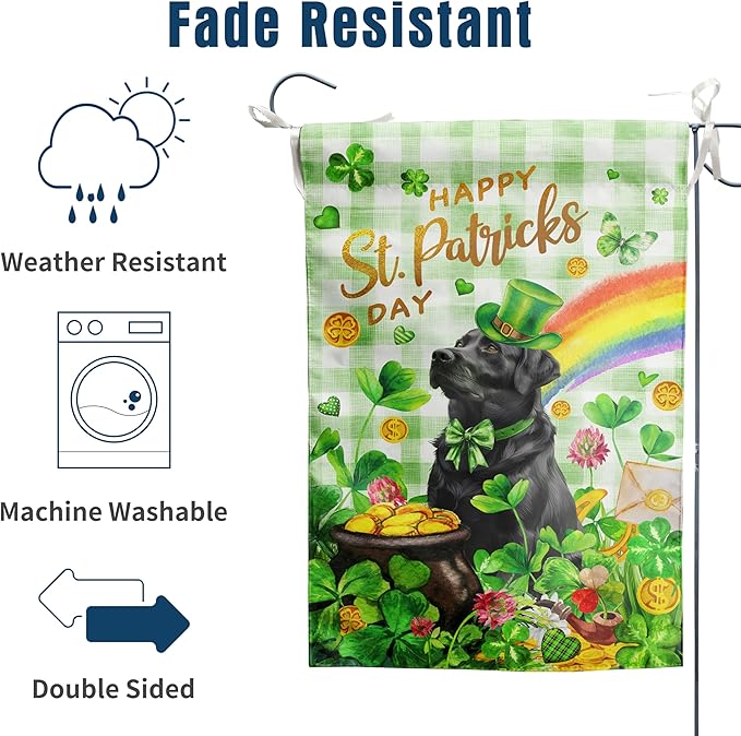Black Lab St Patricks Day Garden Flag Labrador Dog St Patrick's Day Yard Flags for Outside 12x18 Double Sided Buffalo Plaid Shamrock Flag Small Outdoor Rainbow St Patrick's Decor