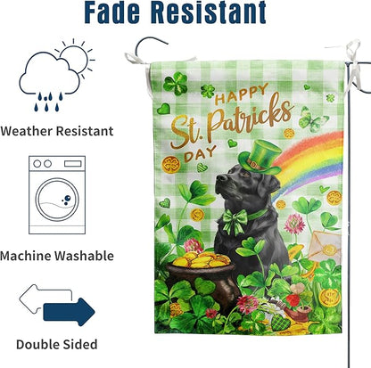 Black Lab St Patricks Day Garden Flag Labrador Dog St Patrick's Day Yard Flags for Outside 12x18 Double Sided Buffalo Plaid Shamrock Flag Small Outdoor Rainbow St Patrick's Decor