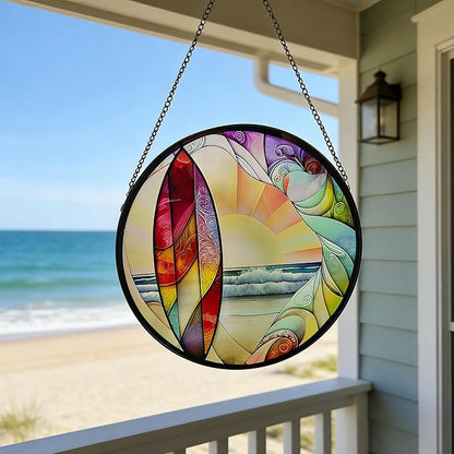 Coastal Sunrise Stained Glass Window Hanging - 9.8In Surf & Ocean Suncatcher, Beachy Home Decor for Windows, Porches & Living Rooms, Suncatcher Decor Gift for Women, Men