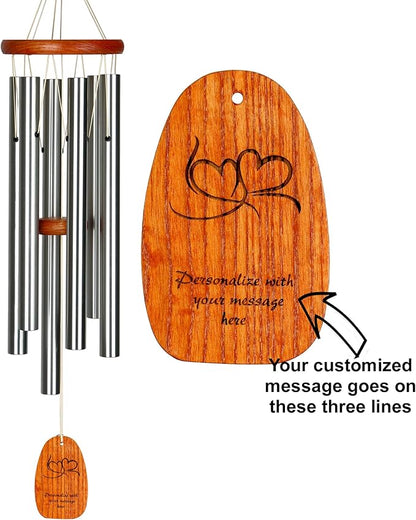 Woodstock Wind Chimes Personalized Amazing Grace Memorial Chime for Outside 24'' Medium Silver Customized Double Heart Wind Chime for Outdoor Patio Home Garden Décor & Wedding Gift (P-AGMS15)