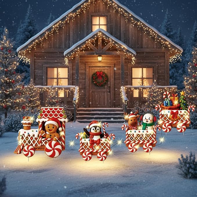 Marsui 4 Pcs Christmas Train Decoration Yard Sign with 4 LED Light Lawn Sign Christmas Red Gingerbread Penguin Snowman Train Set with 8 Stake for Xmas Garden Outdoor Holiday Party Decor