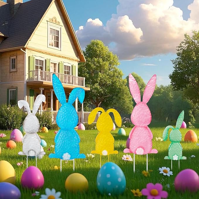 Treewoll5 Packs Easter Garden Stakes Decorations, Metal Bunny Yard Signs, Adorable Rabbit Stakes in Five Colors for Courtyard Patio Spring Lawn Holiday Outdoor Display Props