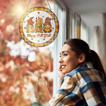 FLAGWIX Fall Decorations for Home - Happy Fall Y'all Stained Glass Window Hanging 8 in - Thank You Gifts for Women Men, Gnomes Sun Catchers Indoor Window Garden Decor, Decorations Sun Catcher