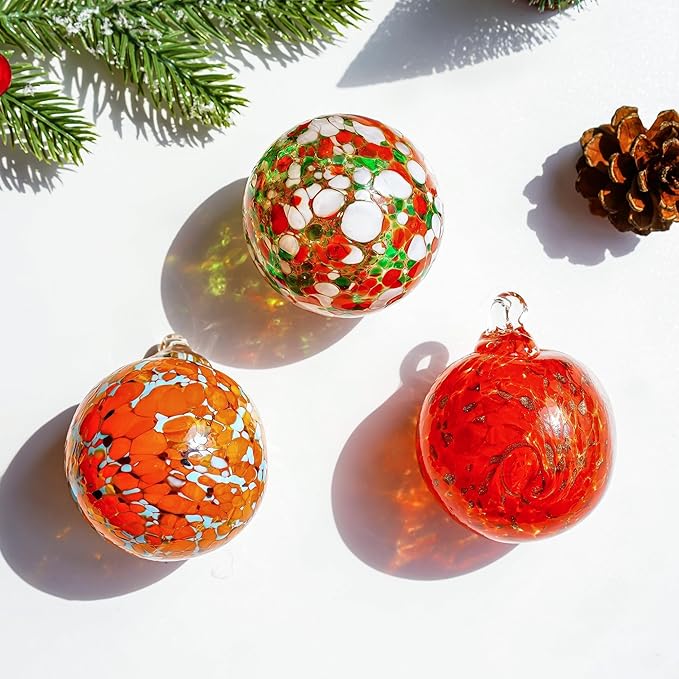 Set of 3 Hand Blown Glass Ball Ornament 2.3in Hanging Glass Gazing Balls Decor for Garden Patio