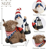 TERESA'S COLLECTIONS 4th of July Highland Cow Gnome Decorations with Solar Lantern, Memorial Day Resin Garden Yak Figurine for Home, Patriotic Independence Day USA 250th Anniversary Outdoor Decor 10"