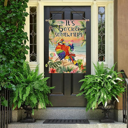 Summer House Flags for Outdoor Decoration, It's 5 O'clock Somewhere Beach Parrot Large Yard Flag, Seasonal Decorative Celebration Decor for Spring Farmhouse Holiday Outside 28x40 Inch Vertical Double Sided