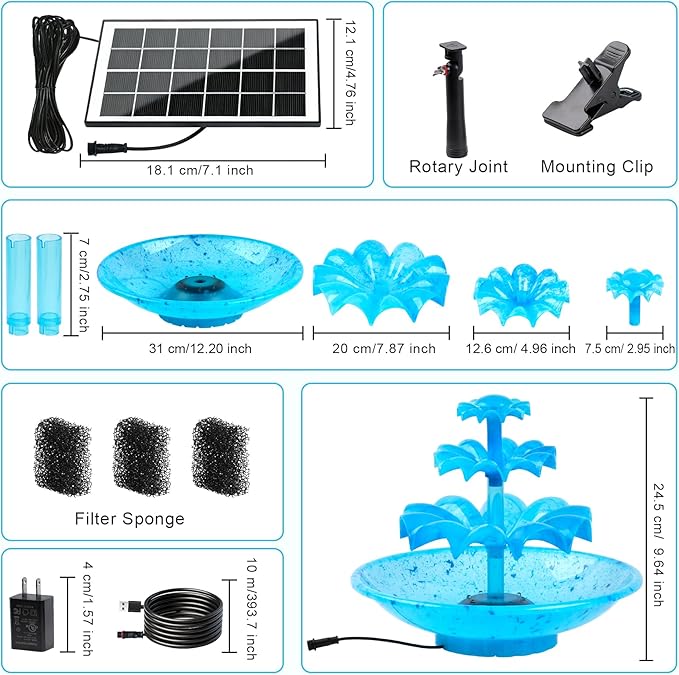 3.5W Solar Fountain Pump for Bird Bath, 3-Tier Blue Solar Water Pump with 8 LED Lights, 32.8FT Power Cord and Adapter Included, Dual-Powered for 24/7 Use for Garden, Pond, Pool, Fish Tank and Lawn