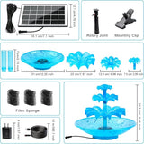 3.5W Solar Fountain Pump for Bird Bath, 3-Tier Blue Solar Water Pump with 8 LED Lights, 32.8FT Power Cord and Adapter Included, Dual-Powered for 24/7 Use for Garden, Pond, Pool, Fish Tank and Lawn