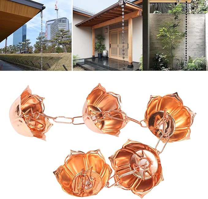 Rain Chain, 3.28ft Adjustable Copper Flower Rain Catcher Functional and Decorative Hanging Gutter Chains for Outside Eaves, Drainage, Replacement Downspout (Flower Shaped)
