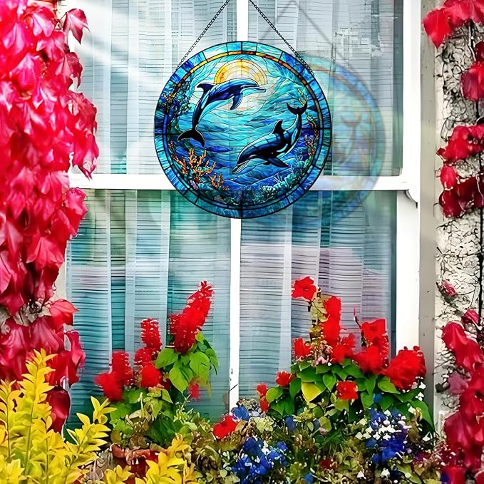 RIVEENY Dolphin Stained Glass Window Hangings,Dolphin Suncatchers for Windows Wall Hanging Christmas Decoration Ornament Housewarming Birthday Gift 20cm/7.87inch