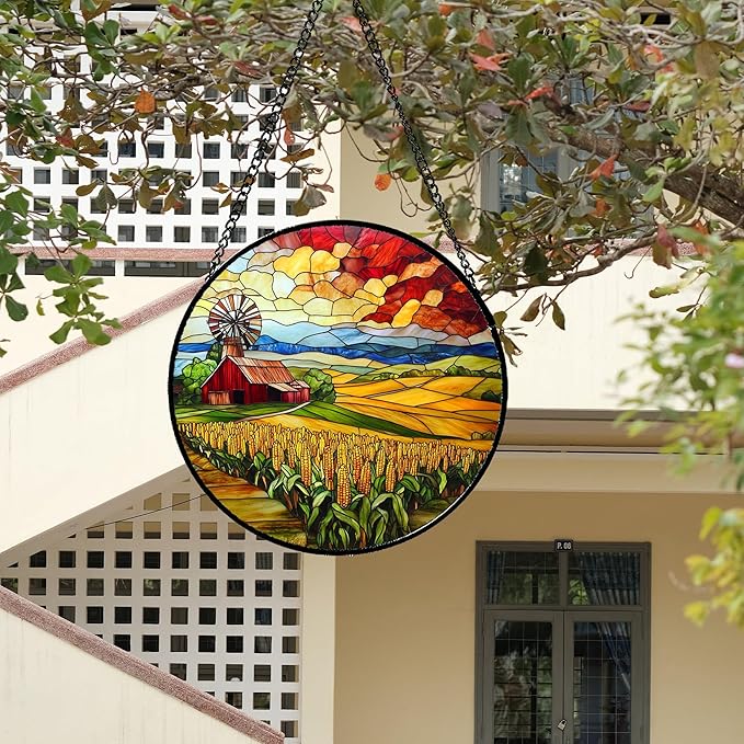 Stained Glass Window Hanging Autumn Farm Corn Harvest Landscape 6.3" - Suncatcher Garden Door Sun Catcher Home Decor Birthday Christmas for Woman Mom Friend Men Nana