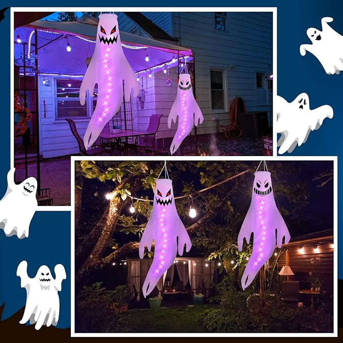 Geefuun 2PCS Purple Halloween Fierce Ghost Windsocks Hanging Decorations -43 Inch Flag Wind Socks for Home Yard Outdoor Decor Party Supplies (Batteries Not Included,No Timer)
