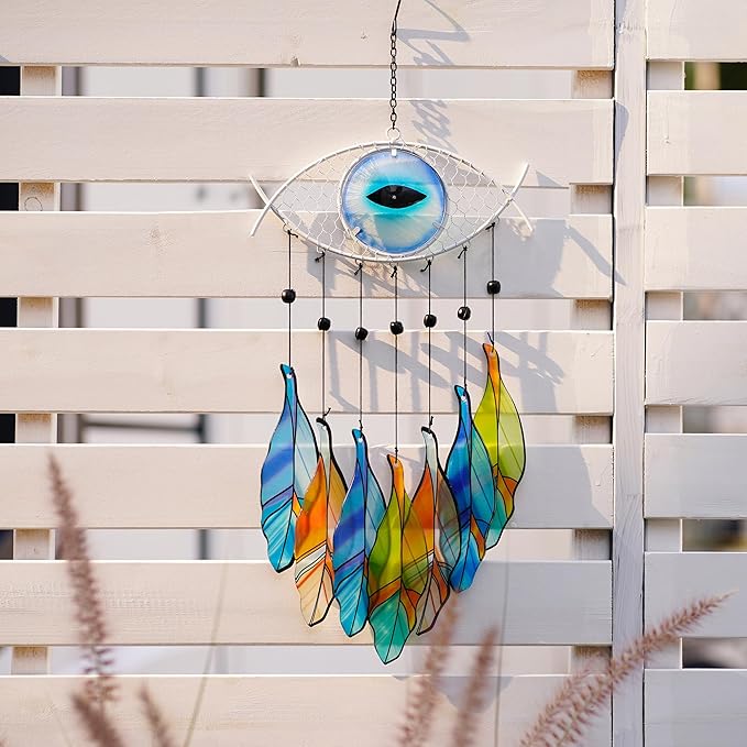 Metal Evil Eye Wind Chime，Evil Eye Wall Art Decor Colorful Glass and Metal Spiritual Wind Chimes for Outdoor Patio, Balcony, Garden, and Yard
