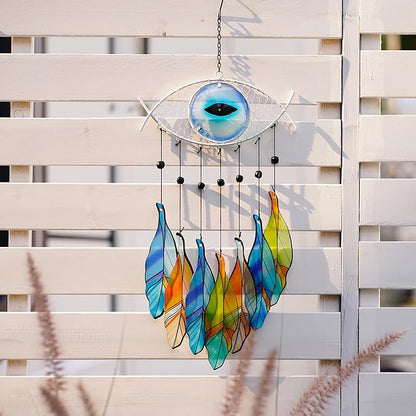 Metal Evil Eye Wind Chime，Evil Eye Wall Art Decor Colorful Glass and Metal Spiritual Wind Chimes for Outdoor Patio, Balcony, Garden, and Yard