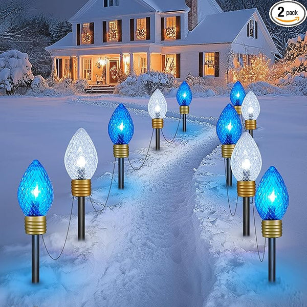 Moonflor Strawberry Jumbo C9 Christmas Pathway Lights Outdoor - 2Pack Total 17FT 10 LED C9 Walkway Light, Christma Decoration Outside,Christmas Lights Outdoor for Lawn Yard Holiday, Blue & Pure White