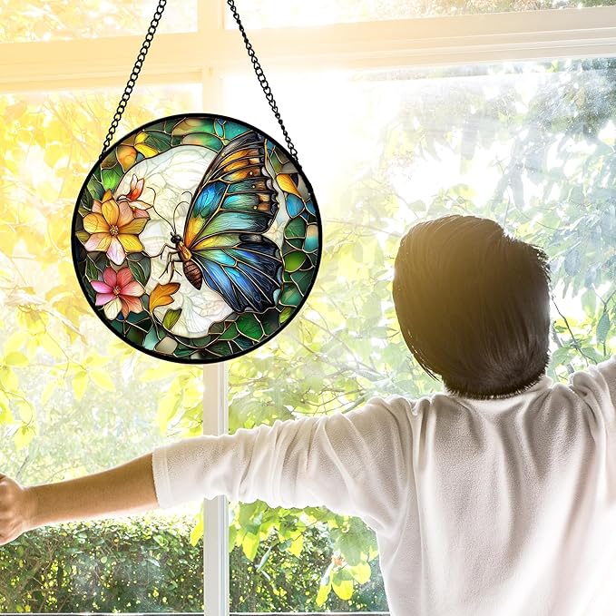 DASTOLL Stained Glass Window Hanging, Butterfly Flower Sun Catchers Diamond Glass Panel Hangings Insect Suncatcher Decor for Birthday for Women, Men, Wife, Aunt, and Mom 9.8 in