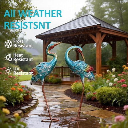 Natelf Crane Statues for Garden Decor, Blue Heron Sculptures, Metal Large Birds Lawn Sculptures & Statue for Patio Pond, Yard Decorations, Set of 2