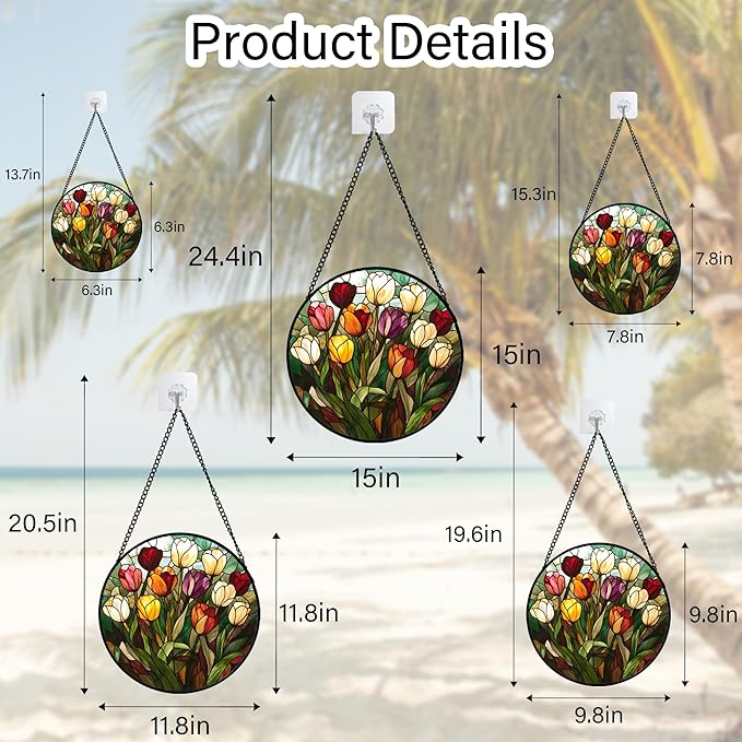 Stained Glass Window Hanging Colorful Tulip Large 15" - Flower Suncatcher Door Garden Sun Catcher Home Plant Decor Birthday Mother's Day for Mom Woman Friend Nana Colleague