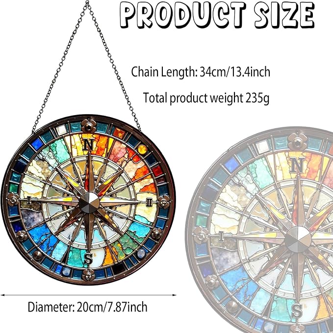 Compass Stained Glass Window Hanging Compass Sun Catcher Decor New House Decor Christmas Suncatchers for Home Windows Hanging Decoration, 7.87inch