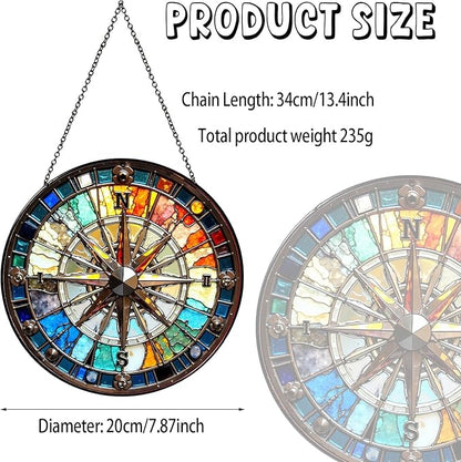 Compass Stained Glass Window Hanging Compass Sun Catcher Decor New House Decor Christmas Suncatchers for Home Windows Hanging Decoration, 7.87inch