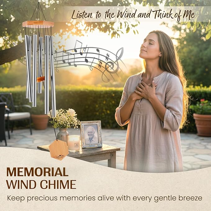 UpBlend Metal Wind Chimes Deep Tone - Outdoor Sympathy & Memorial Gift for The Loss of a Loved One, Memorial Wind Chimes, Thoughtful Sympathy Gift for Bereavement and Remembrance. 29" Silver