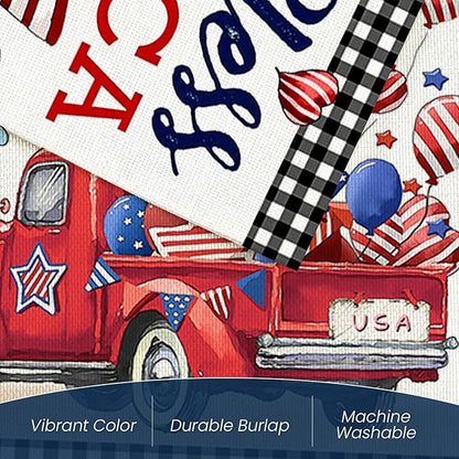 4th of July Garden Flags for Outside,Patriotic American Truck with Buffalo Plaid Small Yard Flags for Outdoor, Memorial Day Decorations for Holiday Summer 250th USA Anniversary 12x18 Inch Double Sided