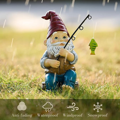 TERESA'S COLLECTIONS Resin Outdoor Statues for Garden Decor, Garden Gnome with Fishing Pole Funny Decorations for Outside, Yard Gnome Decor for Patio Lawn Ornaments, Ideal Gift for Women and Man, 8"