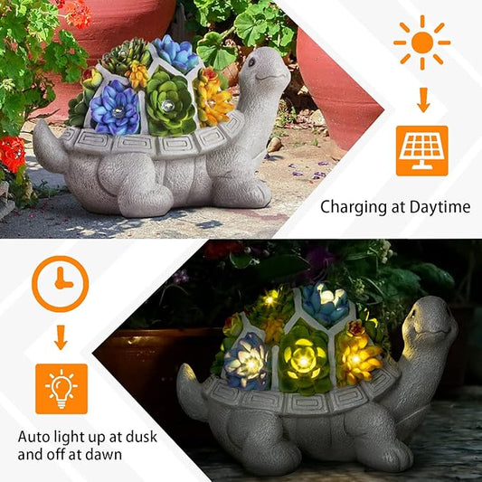 LESES Solar Garden Statues Turtle Figurine Decor with 7 LED Lights Outdoor Decoration Christmas Gifts for Women Mom Grandma Unique Tortoise Statue for Patio Backyard Yard Lawn Ornament