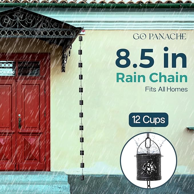 8.5 FT Rain Chain with 12 Aluminum Cups | Durable Rain Chains for Gutters - Easy Install, Rust-Proof Rain Catcher Chains for Outside with Included Gutter Adapter, Unique & Artistic Design