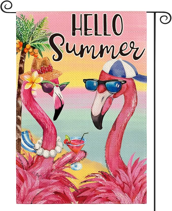 AVOIN colorlife Flamingo Hello Summer Garden Flag 12x18 Inch Double Sided, Welcome Seasonal Holiday Burlap Yard Outdoor Decoration