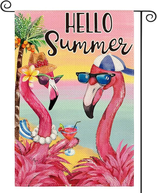 AVOIN colorlife Flamingo Hello Summer Garden Flag 12x18 Inch Double Sided, Welcome Seasonal Holiday Burlap Yard Outdoor Decoration