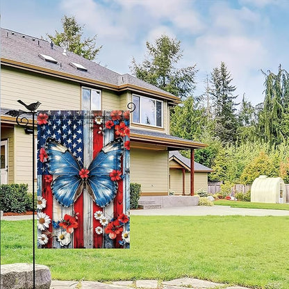 Spring Summer Garden Flag 12x18 Inch Patriotic Butterfly American Outdoor Floral Rustic Wood Art Design Outdoor Yard Porch Lawn for Seasonal Americana Farmhouse Home Decor