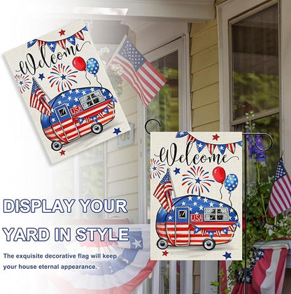 Welcome 4th of July Camping Patriotic Decorative Garden Flag, America USA Stars Stripes Camper RV Yard Outside Decorations, American Campsite Outdoor Small Home Decor Double Sided 12 x 18