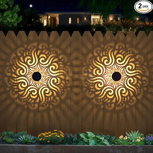2 Pack Solar Fence Lights Metal Solar Powered Outdoor Wall Deck Step Lights Mandala Theme Waterproof Fence Light for Garden Post Patio Backyard Yard Decor, Gardening Gifts for Women Mom Grandma