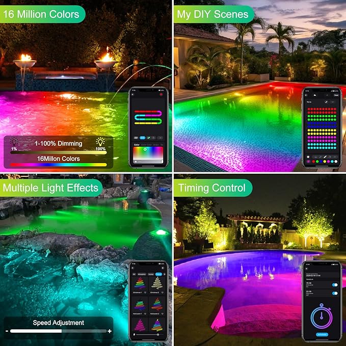 T-SUN Colored Pond Lights with Timer,LED Underwater Pond Light Submersible Fountain Lights for Fish Tank Landscape Spotlight-Smart APP & Remote Control,IP68 Waterproof,Aquarium,Yard (1 Heads)