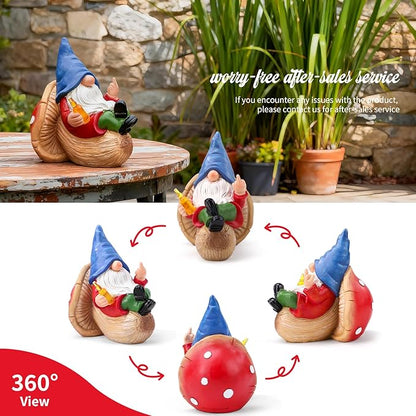 Middle Finger Gnome Statue Naughty Garden Gnomes Funny Drunk Gnome on Mushroom Indoor Outdoor Decoration for Yard Lawn Home Christmas Birthday Gag Gift