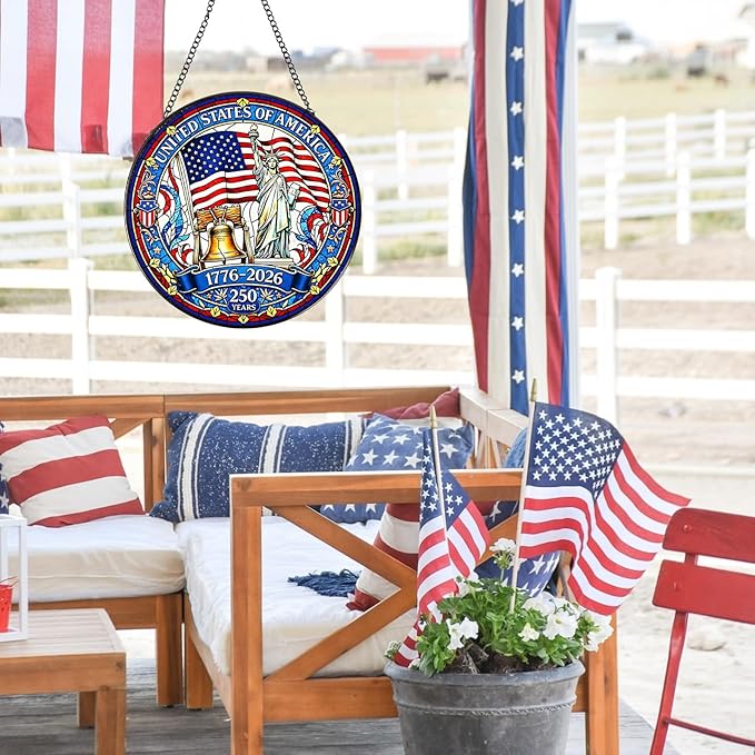 Rngmsi 250th Anniversary Stained Glass Window Hanging, 7.8″ Patriotic Sun Catchers with Hook Indoor Window Decor Gift, 4th of July Sun Catchers Ornaments Home Garden Art for Women Men