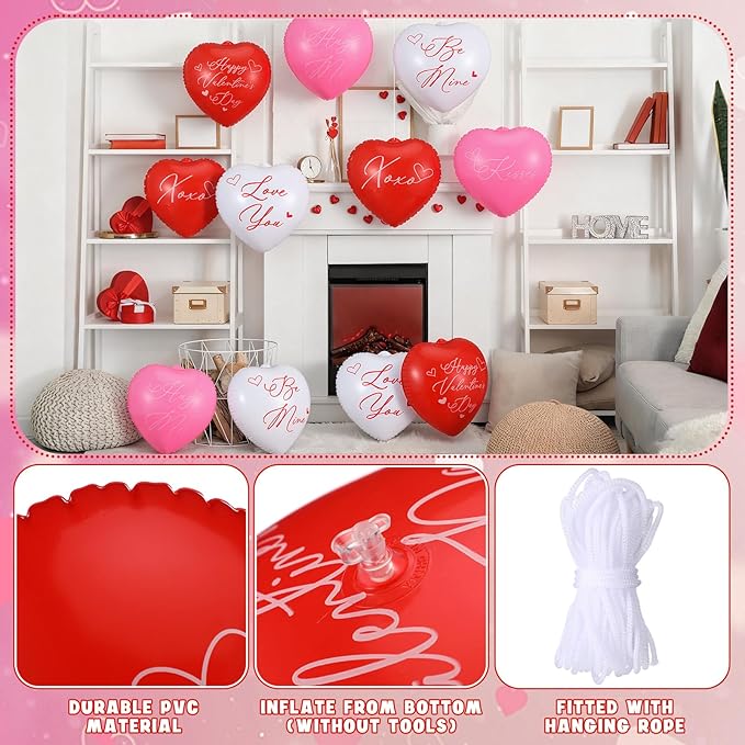 Jetec 12 Pcs 12'' Valentine's Day Inflatable Hearts Outdoor Decorations, Large Inflatable Heart Valentines Hanging Ornaments for Wedding Anniversary Holiday Party Yard Decor(Mixed Color,Letter)