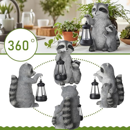 Pinkunn 9.5 Inch Solar Raccoon Family Garden Statues with LED Lights Home Decorations Outdoor Garden Raccoon Statue for Patio Balcony Yard Lawn Ornament Housewarming Birthday Gifts for Women
