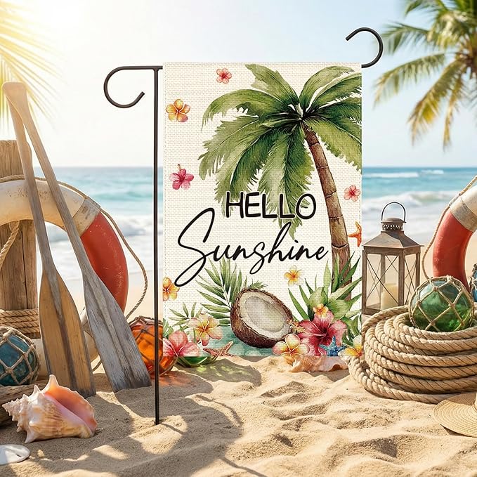 AVOIN colorlife Summer Tropical Palm Tree Garden Flag 12x18 Inch Double Sided Outside, Hello Sunshine Seasonal Burlap Yard Outdoor Decoration