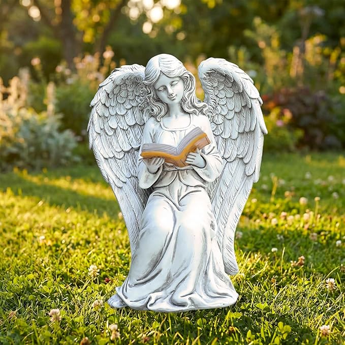 Angel Statue Outdoor Decor, Elegant Angel Garden Statues Reading Book with Solar LED Lights Yard Decorations Lawn Ornaments Figurines Resin Sculpture for Outside, Angel Gardening Gifts