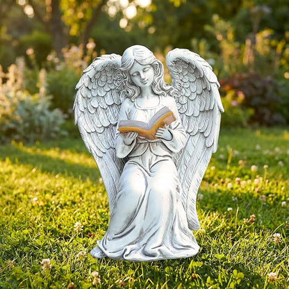 Angel Statue Outdoor Decor, Elegant Angel Garden Statues Reading Book with Solar LED Lights Yard Decorations Lawn Ornaments Figurines Resin Sculpture for Outside, Angel Gardening Gifts