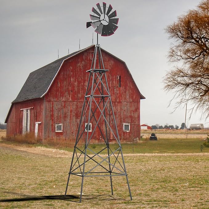 DREAMADE 8ft Steel Windmill, Farmhouse Windmill Decoration with Directional Vane, 4 Anchoring Stakes & Reinforced Base, Weather-Ready Garden Spinner for Backyard, Garden, Patios, Rural Areas (Grey)